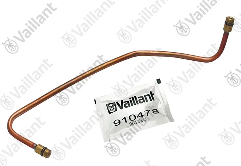 Kupferrohr mit zwei Anschlussenden von Vaillant, verpackt in einer weißen Tüte mit der Artikelnummer 910478.